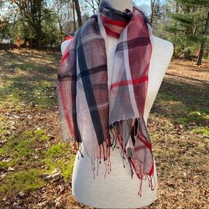 SEVYA SCARF RED WHITE BLACK SHEER PLAID FRINGE LONG RECTANGLE ACCESSORY